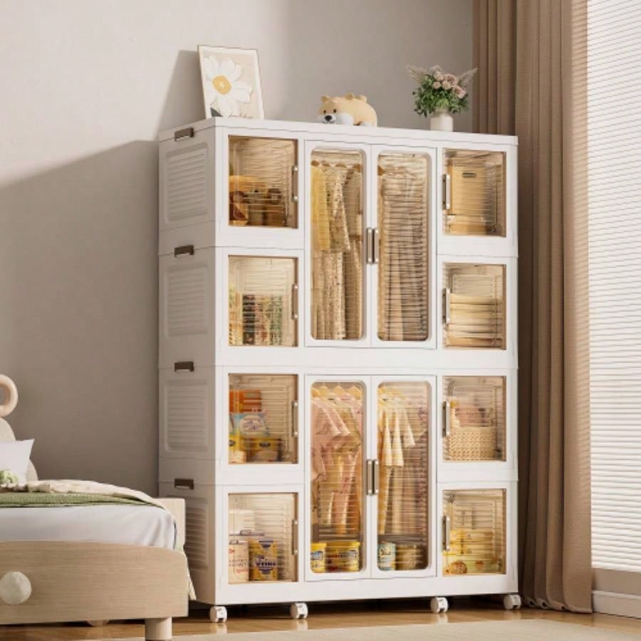 Portable Wardrobe Closet Storage Organizer Clothes, Clothes Dresser, 12 Magnetic Doors - 12 Cubes 2 Hanging Rod, 16 pcs hangers, Wardrobe Storage Cabinet, White