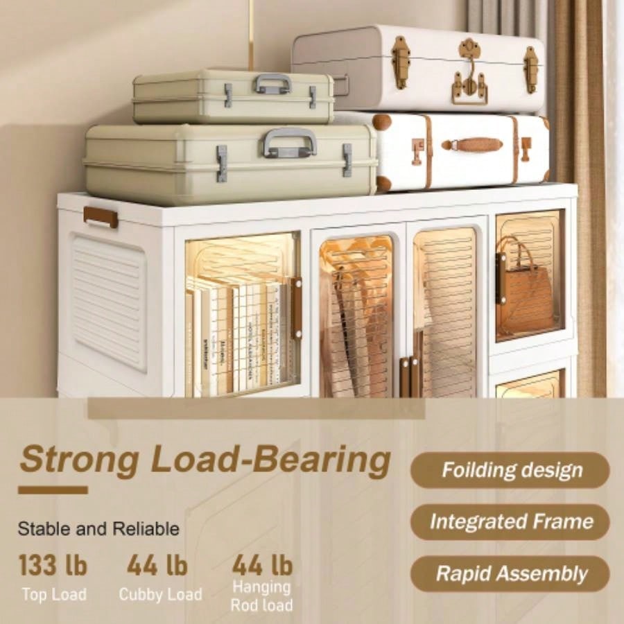 Portable Wardrobe Closet Storage Organizer Clothes, Clothes Dresser, 12 Magnetic Doors - 12 Cubes 2 Hanging Rod, 16 pcs hangers, Wardrobe Storage Cabinet, White
