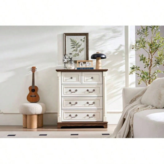 Farmhouse Style 5 Drawer Dresser Chest with Base Wooden Rustic Chest of Drawers, Storage Dresser Organizer Bedroom, Living Room, Beautiful Sturdy and Durable