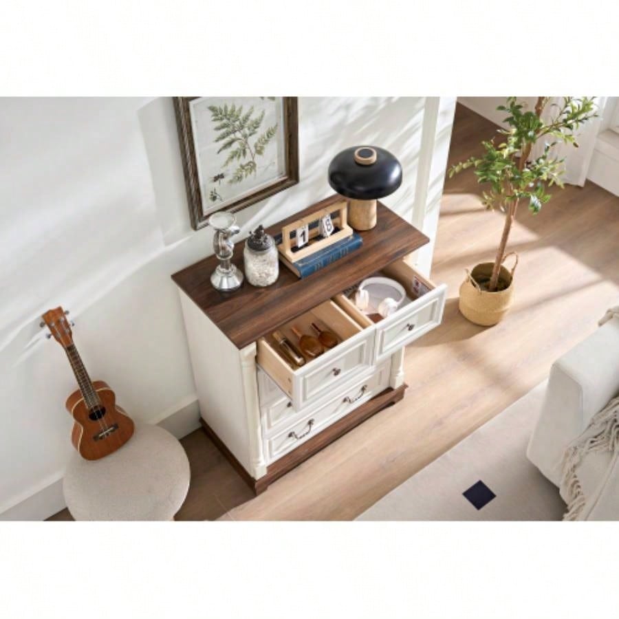 Farmhouse Style 5 Drawer Dresser Chest with Base Wooden Rustic Chest of Drawers, Storage Dresser Organizer Bedroom, Living Room, Beautiful Sturdy and Durable