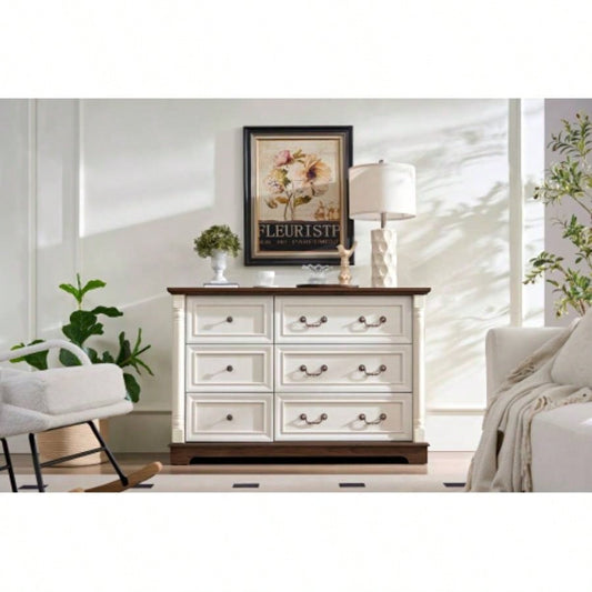 Farmhouse Style 6 Drawer Dresser Chest with Base Wooden Rustic Chest of Drawers, Storage Dresser Organizer Bedroom, Living Room, Beautiful Sturdy and Durable