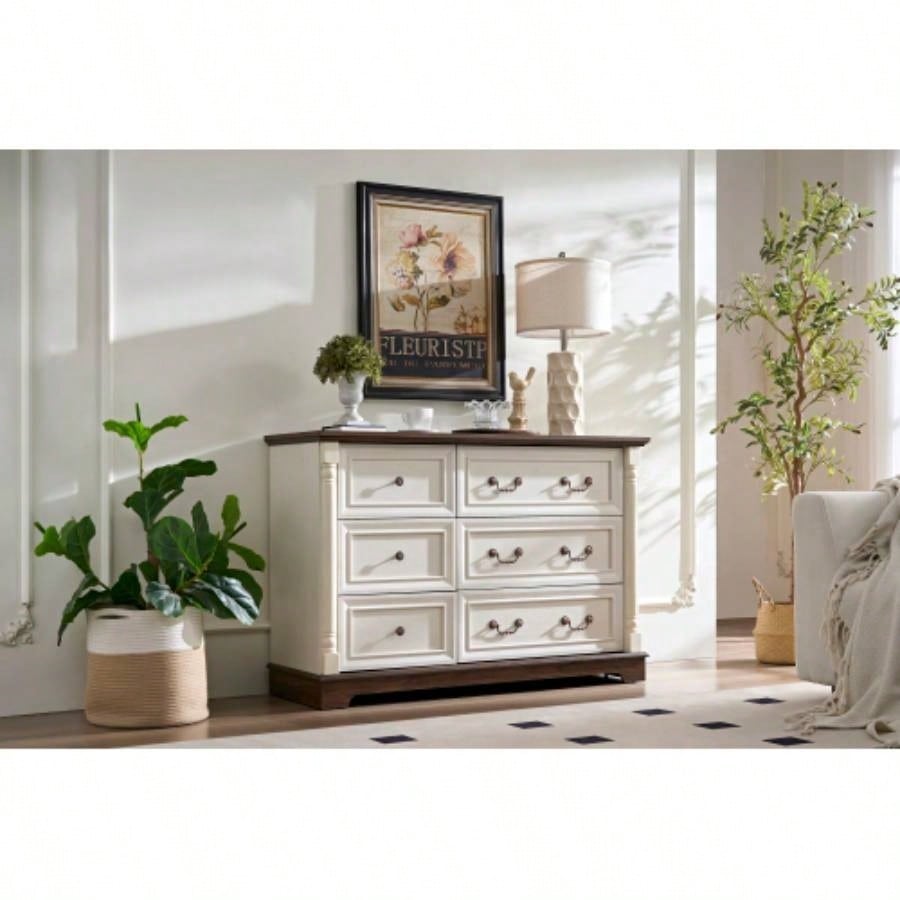 Farmhouse Style 6 Drawer Dresser Chest with Base Wooden Rustic Chest of Drawers, Storage Dresser Organizer Bedroom, Living Room, Beautiful Sturdy and Durable