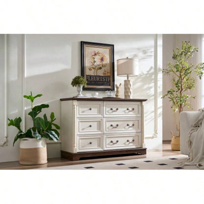 Farmhouse Style 6 Drawer Dresser Chest with Base Wooden Rustic Chest of Drawers, Storage Dresser Organizer Bedroom, Living Room, Beautiful Sturdy and Durable