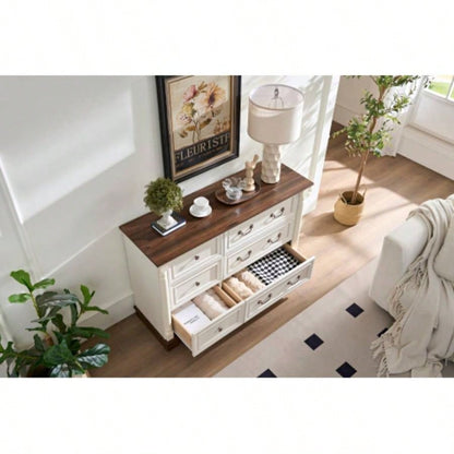 Farmhouse Style 6 Drawer Dresser Chest with Base Wooden Rustic Chest of Drawers, Storage Dresser Organizer Bedroom, Living Room, Beautiful Sturdy and Durable
