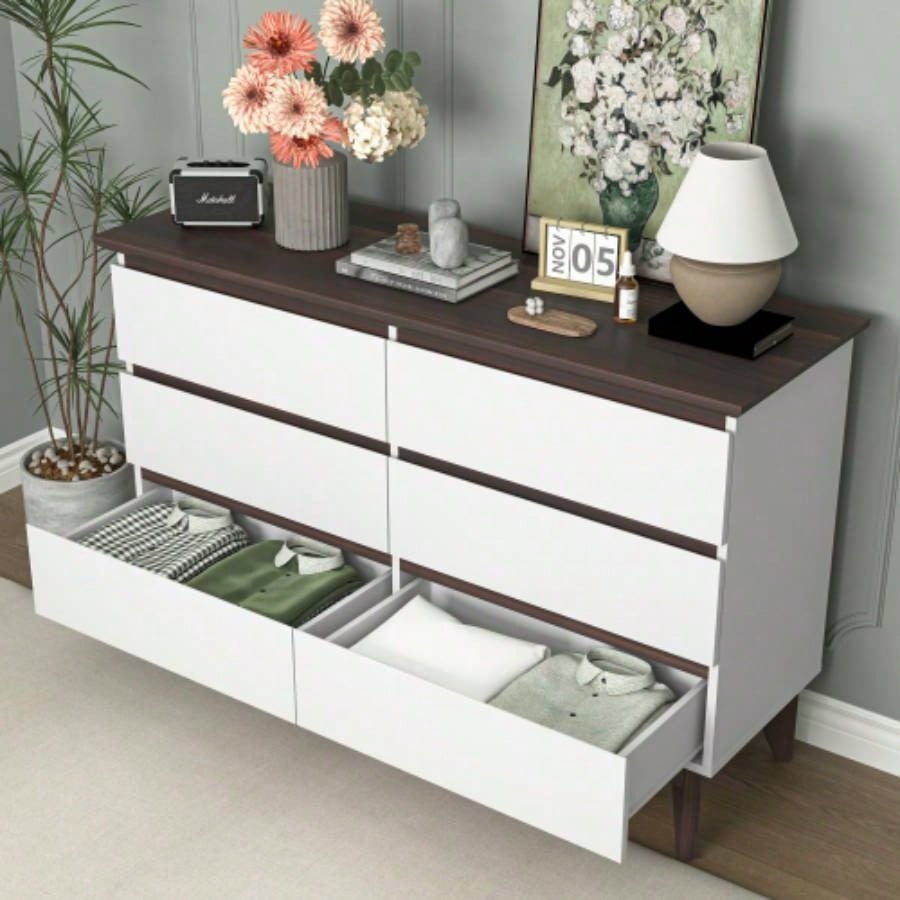 Wide size Drawer Storage Cabinet, 6 - drawer Chest of Drawers Bedroom Living Room, White Walnut color, 47.2x 15.74 Dx 30. H
