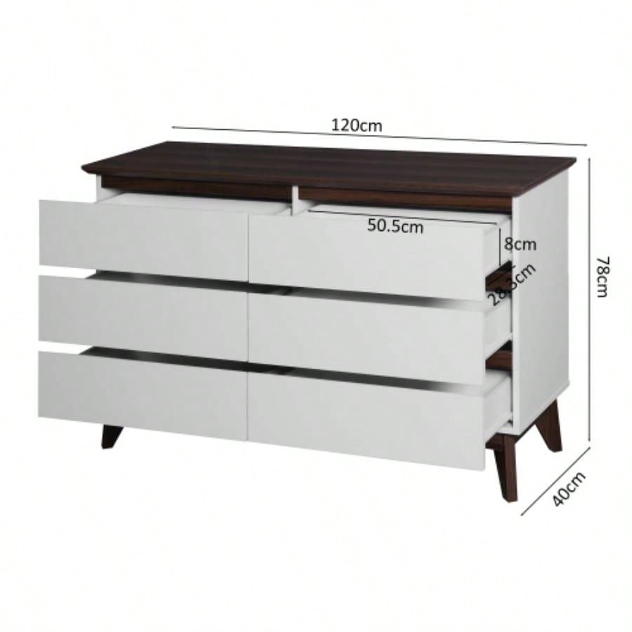 Wide size Drawer Storage Cabinet, 6 - drawer Chest of Drawers Bedroom Living Room, White Walnut color, 47.2x 15.74 Dx 30. H