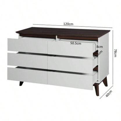 Wide size Drawer Storage Cabinet, 6 - drawer Chest of Drawers Bedroom Living Room, White Walnut color, 47.2x 15.74 Dx 30. H