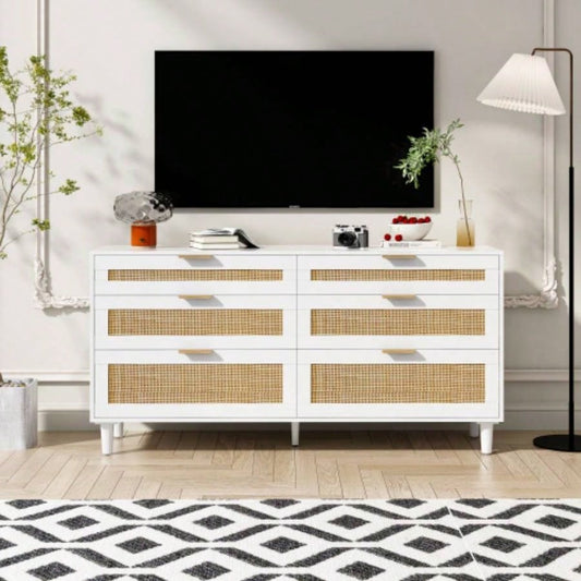 59 Rattan Dresser with Drawers, 6 Drawer Dresser Bedroom, Clothes Storage Cabinet Bedroom, Metal HandleWood Hallway, Living Room, Bedroom, White