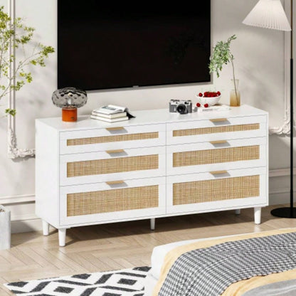 59 Rattan Dresser with Drawers, 6 Drawer Dresser Bedroom, Clothes Storage Cabinet Bedroom, Metal HandleWood Hallway, Living Room, Bedroom, White