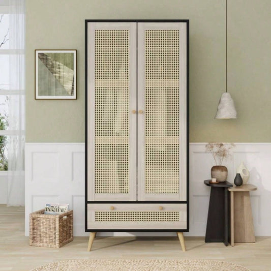 70.8 Tall Armoire Wardrobe Closet with 2 Rattan Doors 1 Drawer, Boho Wooden Clothes Storage Cabinet with Hanging Rod Bedroom, Natural+Black