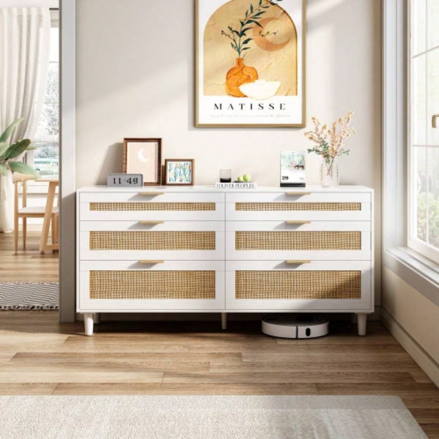 59 Rattan Dresser with Drawers, 6 Drawer Dresser Bedroom, Clothes Storage Cabinet Bedroom, Metal HandleWood Hallway, Living Room, Bedroom, White
