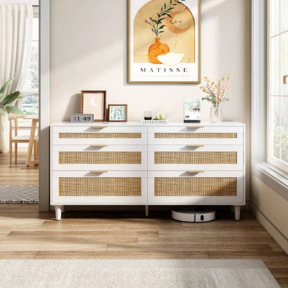 59 Rattan Dresser with Drawers, 6 Drawer Dresser Bedroom, Clothes Storage Cabinet Bedroom, Metal HandleWood Hallway, Living Room, Bedroom, White