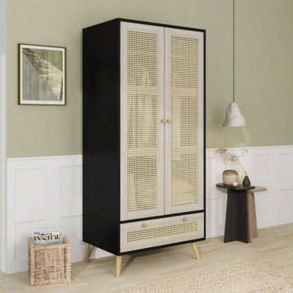 70.8 Tall Armoire Wardrobe Closet with 2 Rattan Doors 1 Drawer, Boho Wooden Clothes Storage Cabinet with Hanging Rod Bedroom, Natural+Black