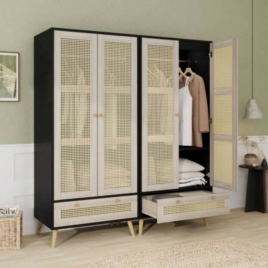 70.8 Tall Armoire Wardrobe Closet with 2 Rattan Doors 1 Drawer, Boho Wooden Clothes Storage Cabinet with Hanging Rod Bedroom, Natural+Black