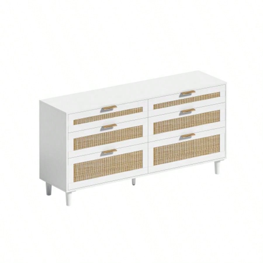 59 Rattan Dresser with Drawers, 6 Drawer Dresser Bedroom, Clothes Storage Cabinet Bedroom, Metal HandleWood Hallway, Living Room, Bedroom, White