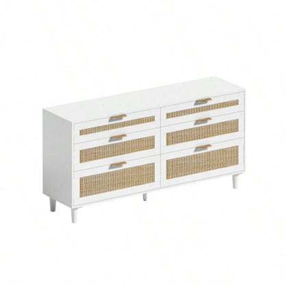 59 Rattan Dresser with Drawers, 6 Drawer Dresser Bedroom, Clothes Storage Cabinet Bedroom, Metal HandleWood Hallway, Living Room, Bedroom, White