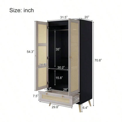70.8 Tall Armoire Wardrobe Closet with 2 Rattan Doors 1 Drawer, Boho Wooden Clothes Storage Cabinet with Hanging Rod Bedroom, Natural+Black