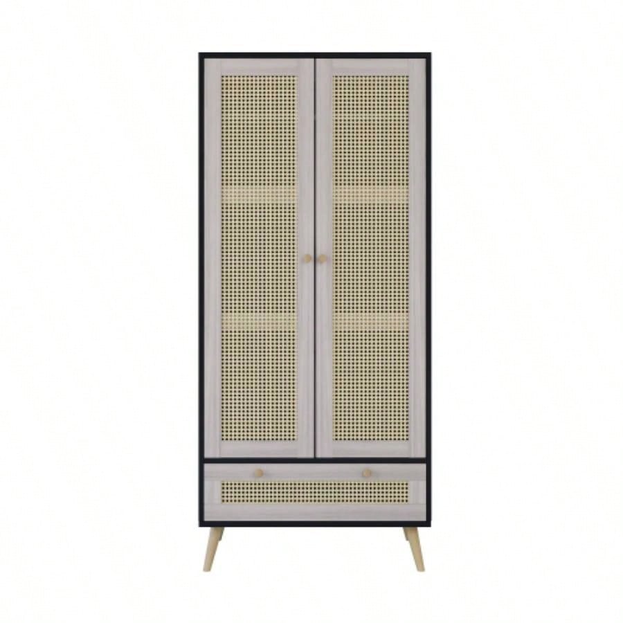 70.8 Tall Armoire Wardrobe Closet with 2 Rattan Doors 1 Drawer, Boho Wooden Clothes Storage Cabinet with Hanging Rod Bedroom, Natural+Black