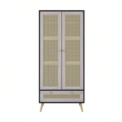 70.8 Tall Armoire Wardrobe Closet with 2 Rattan Doors 1 Drawer, Boho Wooden Clothes Storage Cabinet with Hanging Rod Bedroom, Natural+Black
