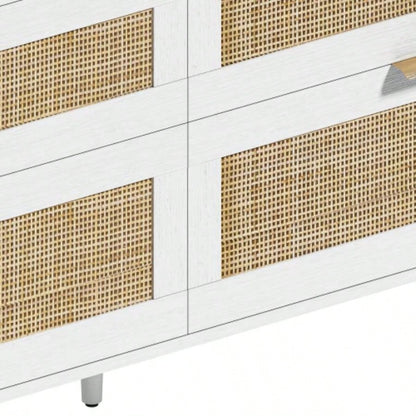 59 Rattan Dresser with Drawers, 6 Drawer Dresser Bedroom, Clothes Storage Cabinet Bedroom, Metal HandleWood Hallway, Living Room, Bedroom, White
