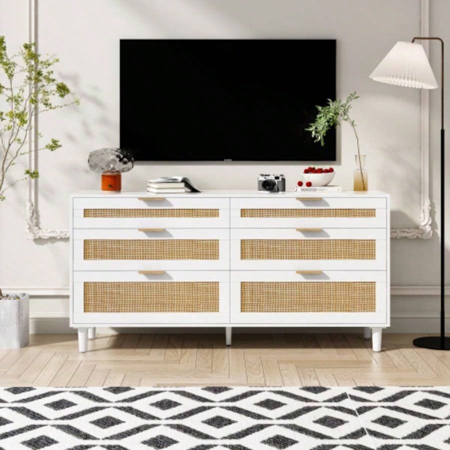 59 Rattan Dresser with Drawers, 6 Drawer Dresser Bedroom, Clothes Storage Cabinet Bedroom, Metal HandleWood Hallway, Living Room, Bedroom, White
