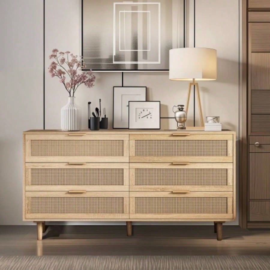 59 Rattan Dresser with Drawers, 6 Drawer Dresser Bedroom, Clothes Storage Cabinet Bedroom, Metal HandleWood Hallway, Living Room, Bedroom, White