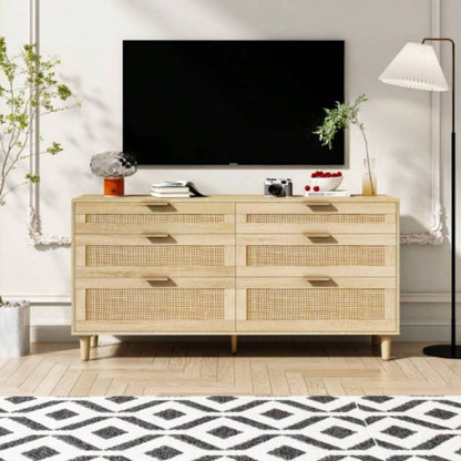 59 Rattan Dresser with Drawers, 6 Drawer Dresser Bedroom, Clothes Storage Cabinet Bedroom, Metal HandleWood Hallway, Living Room, Bedroom, White