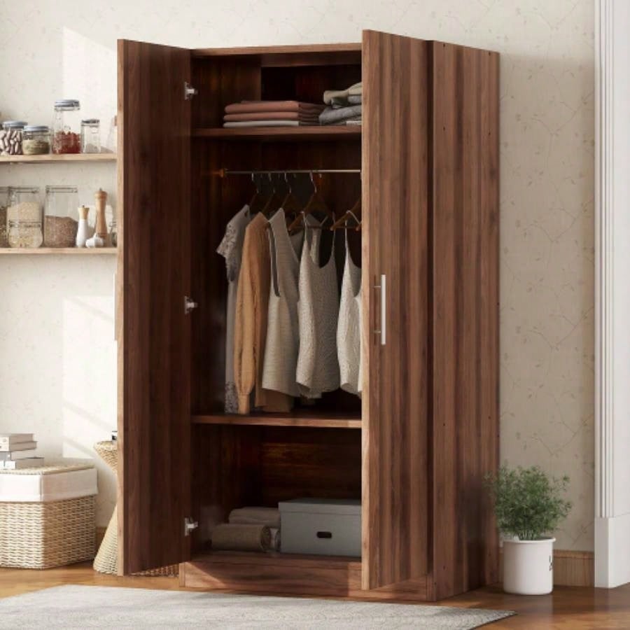 2 - Door Wooden Wardrobe Armoire with 3 Storage Shelves, Brown
