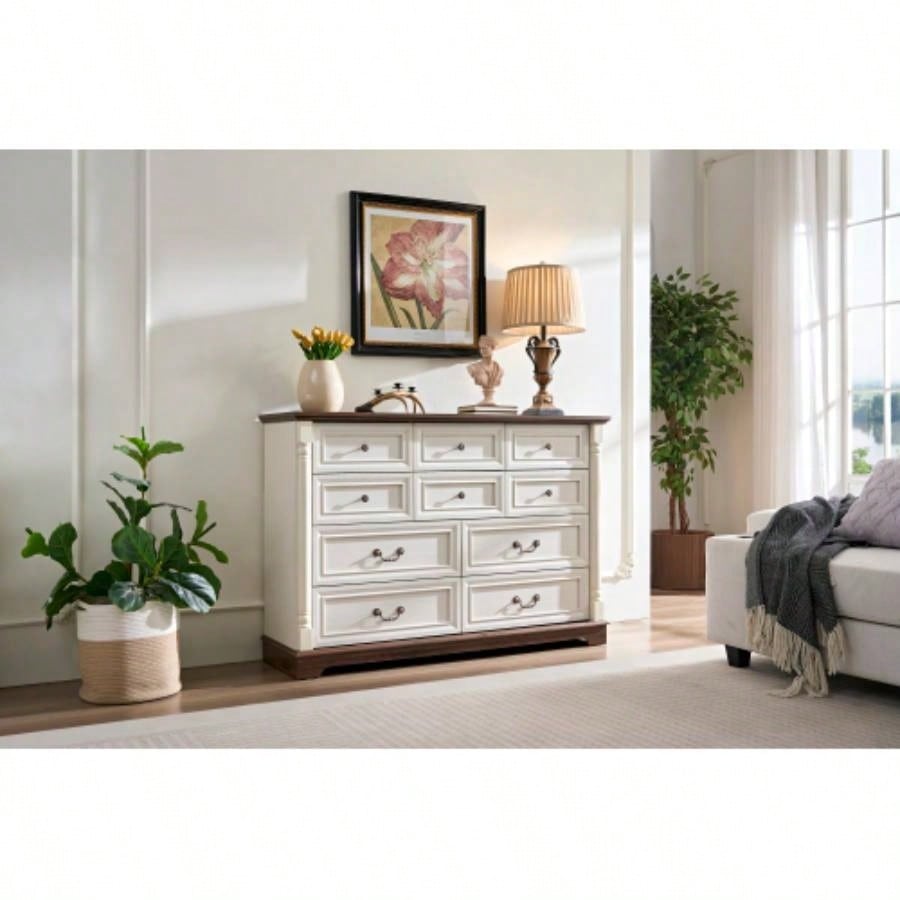 10 Drawer Dresser Chest Bedroom with Wooden Base and Riser Trim, Wooden Rustic Rustic Chest of Drawers, Storage Dresser Bedroom, Living Room
