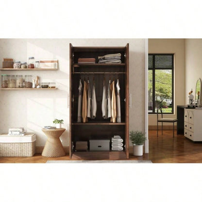 2 - Door Wooden Wardrobe Armoire with 3 Storage Shelves, Brown