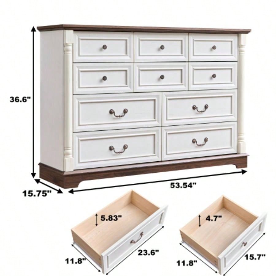 10 Drawer Dresser Chest Bedroom with Wooden Base and Riser Trim, Wooden Rustic Rustic Chest of Drawers, Storage Dresser Bedroom, Living Room
