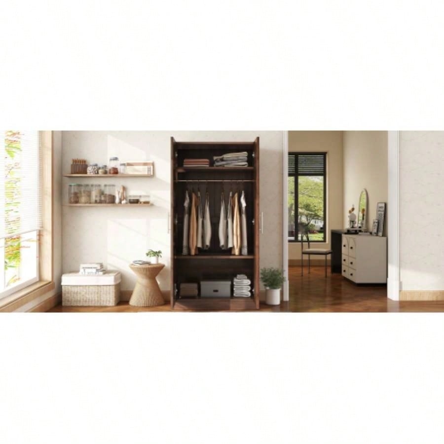 2 - Door Wooden Wardrobe Armoire with 3 Storage Shelves, Brown