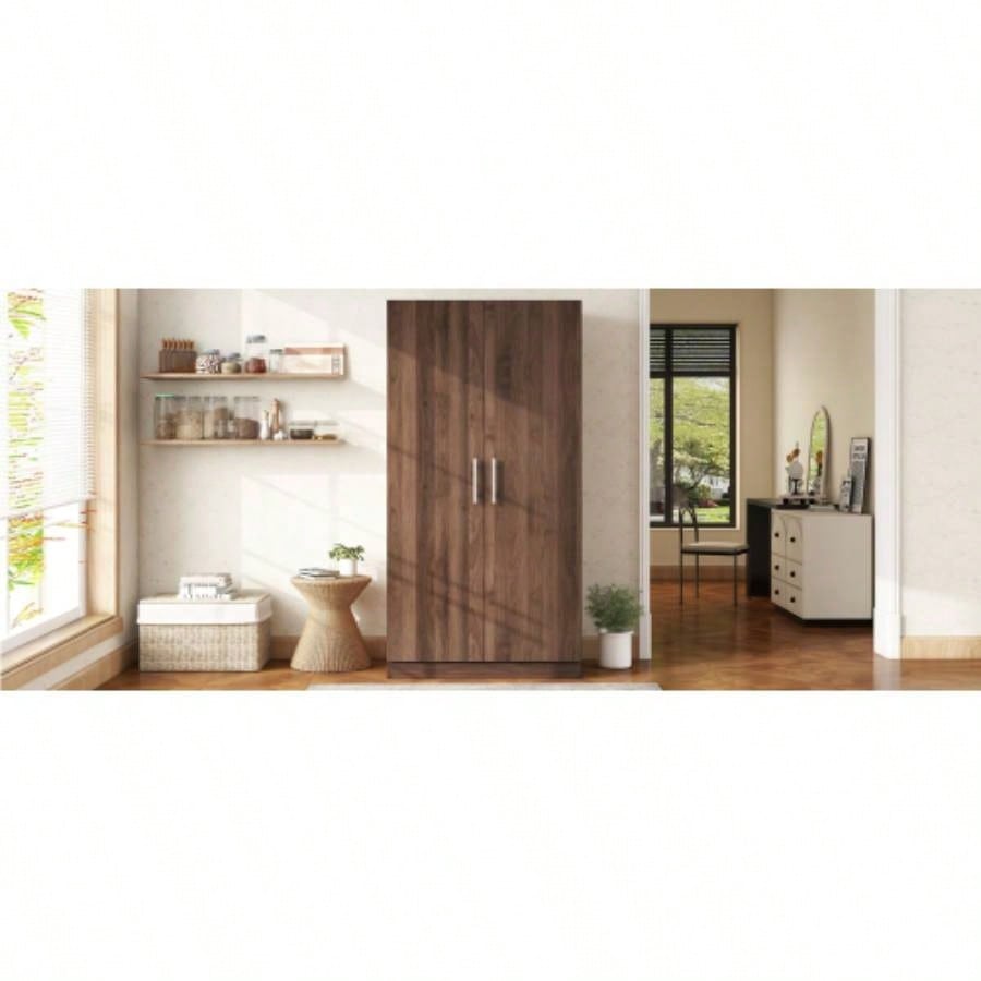 2 - Door Wooden Wardrobe Armoire with 3 Storage Shelves, Brown
