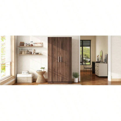 2 - Door Wooden Wardrobe Armoire with 3 Storage Shelves, Brown