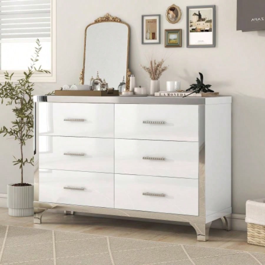 Elegant High Gloss Dresser with Metal Handle, Mirrored Storage Cabinet with 6 Drawers Bedroom, Living Room, White