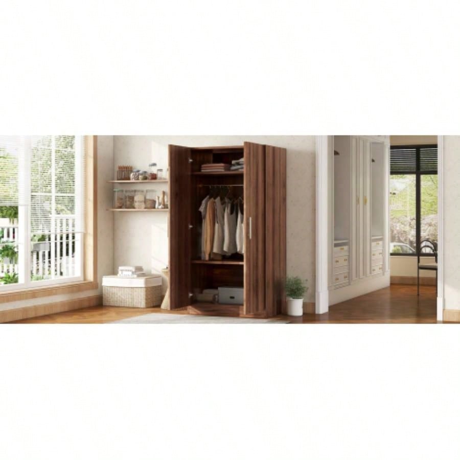 2 - Door Wooden Wardrobe Armoire with 3 Storage Shelves, Brown