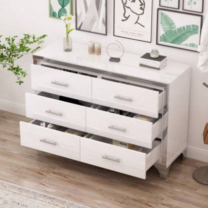Elegant High Gloss Dresser with Metal Handle, Mirrored Storage Cabinet with 6 Drawers Bedroom, Living Room, White