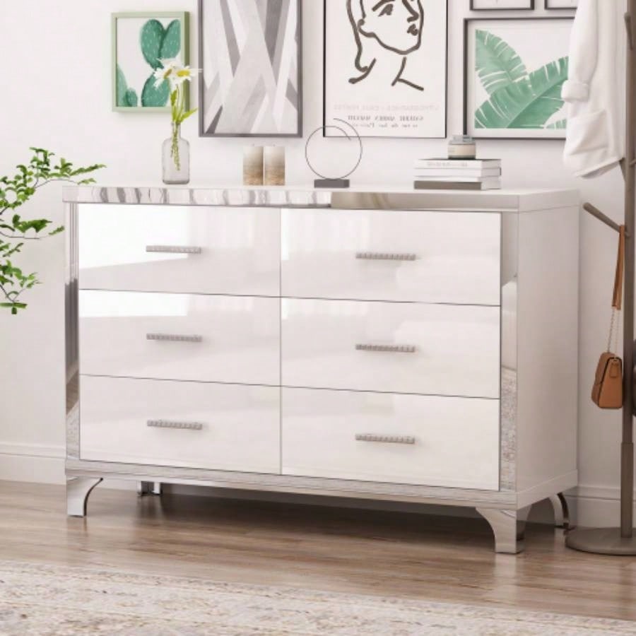 Elegant High Gloss Dresser with Metal Handle, Mirrored Storage Cabinet with 6 Drawers Bedroom, Living Room, White