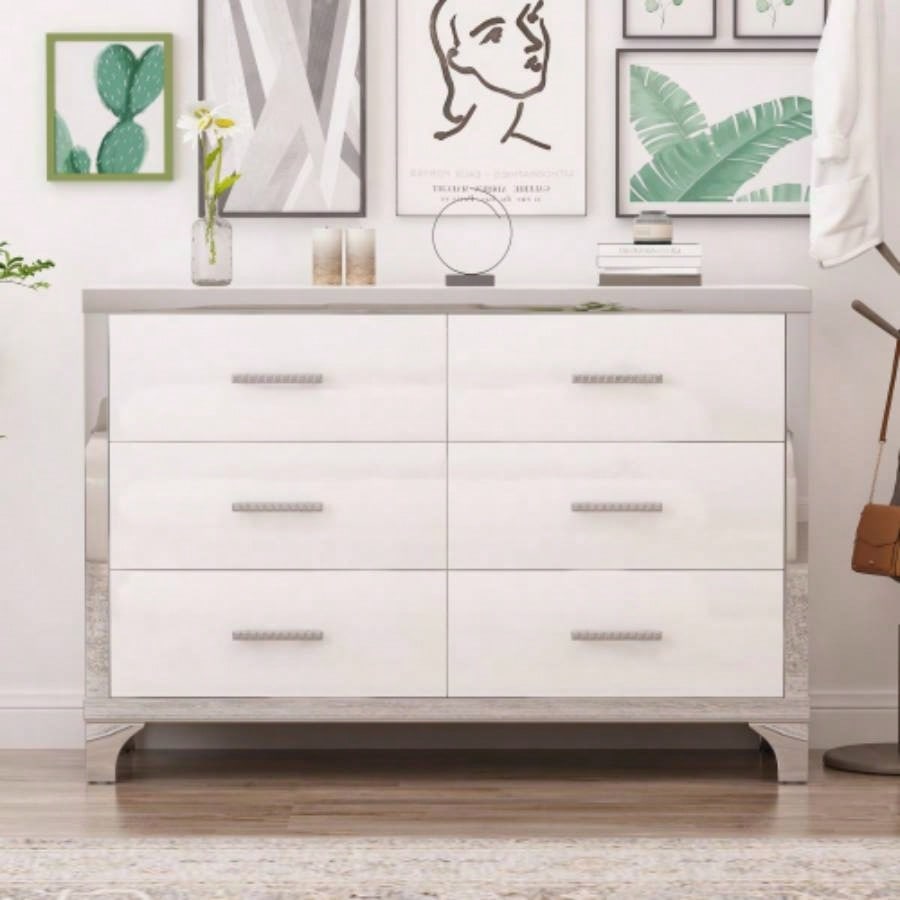 Elegant High Gloss Dresser with Metal Handle, Mirrored Storage Cabinet with 6 Drawers Bedroom, Living Room, White