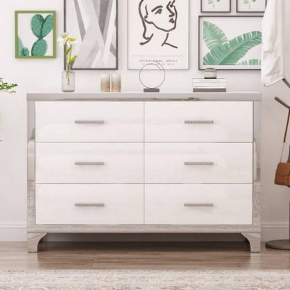 Elegant High Gloss Dresser with Metal Handle, Mirrored Storage Cabinet with 6 Drawers Bedroom, Living Room, White