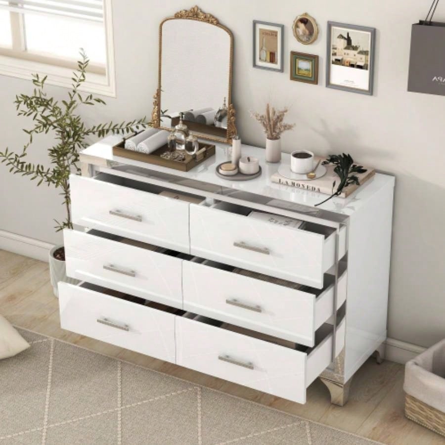 Elegant High Gloss Dresser with Metal Handle, Mirrored Storage Cabinet with 6 Drawers Bedroom, Living Room, White