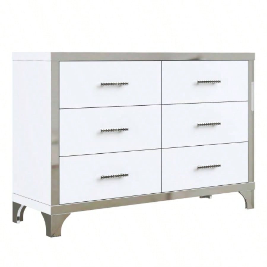 Elegant High Gloss Dresser with Metal Handle, Mirrored Storage Cabinet with 6 Drawers Bedroom, Living Room, White