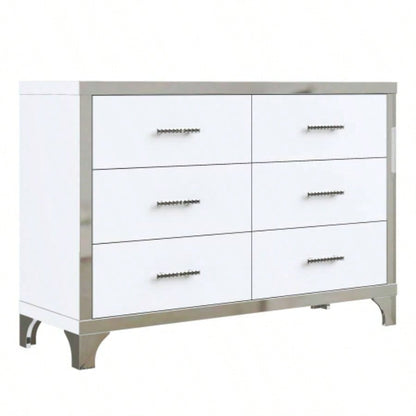 Elegant High Gloss Dresser with Metal Handle, Mirrored Storage Cabinet with 6 Drawers Bedroom, Living Room, White