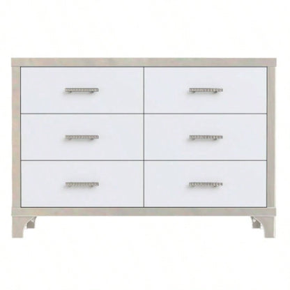 Elegant High Gloss Dresser with Metal Handle, Mirrored Storage Cabinet with 6 Drawers Bedroom, Living Room, White