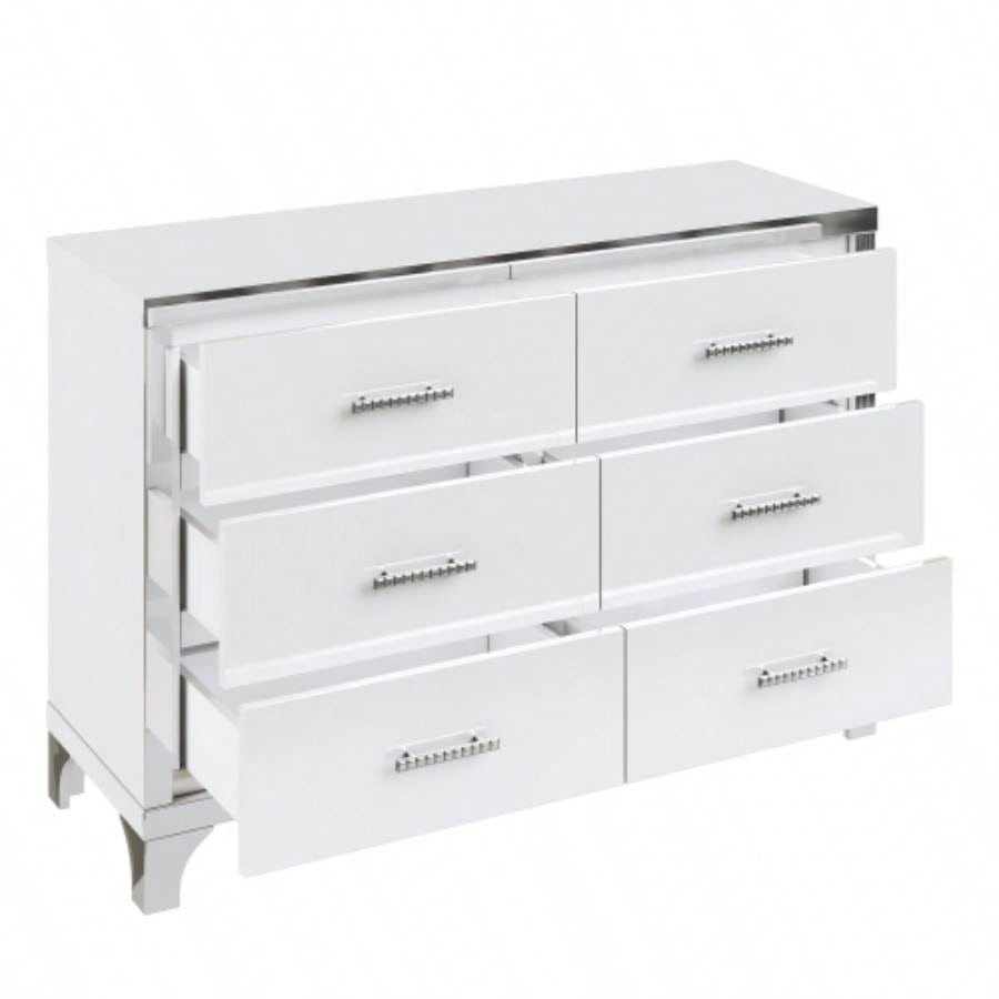 Elegant High Gloss Dresser with Metal Handle, Mirrored Storage Cabinet with 6 Drawers Bedroom, Living Room, White