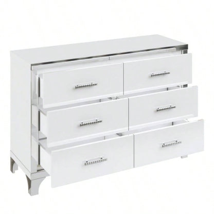 Elegant High Gloss Dresser with Metal Handle, Mirrored Storage Cabinet with 6 Drawers Bedroom, Living Room, White