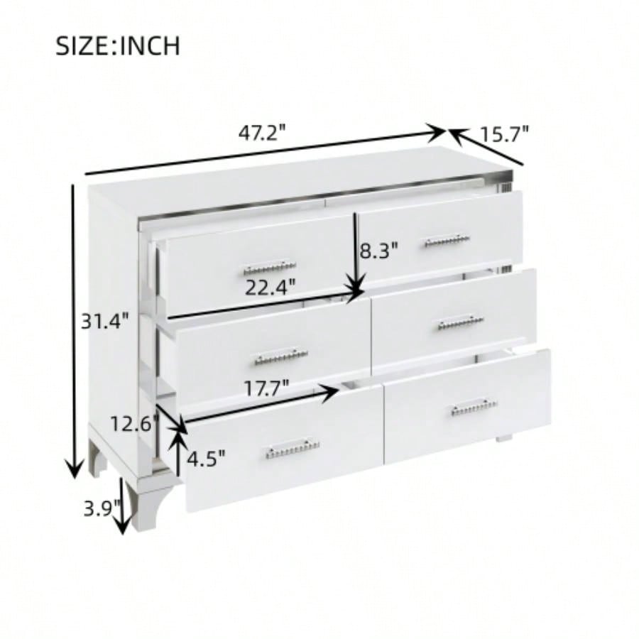 Elegant High Gloss Dresser with Metal Handle, Mirrored Storage Cabinet with 6 Drawers Bedroom, Living Room, White