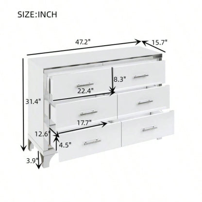 Elegant High Gloss Dresser with Metal Handle, Mirrored Storage Cabinet with 6 Drawers Bedroom, Living Room, White