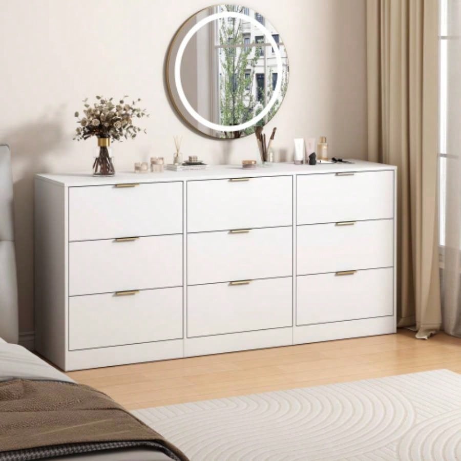 White 9 Drawer Dresser, 63 Large Deep Chest of Drawers, Wooden Dresser Storage Cabinet with 9 Drawers Bedroom, Long Dressers Living Room, Hallway