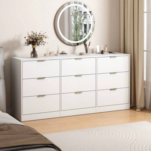 White 9 Drawer Dresser, 63 Large Deep Chest of Drawers, Wooden Dresser Storage Cabinet with 9 Drawers Bedroom, Long Dressers Living Room, Hallway